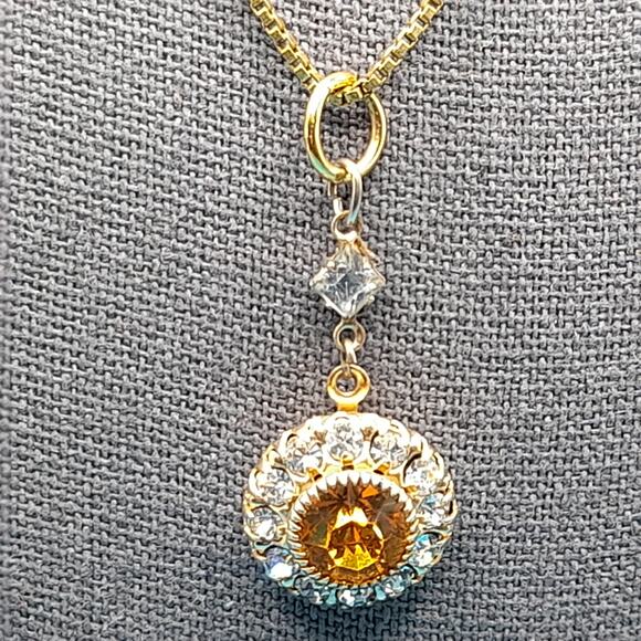 Vintage Light Topaz Rhinestone Pendant Necklace, Amerik FBM, Gold Filled Jewelry - Picture 4 of 10